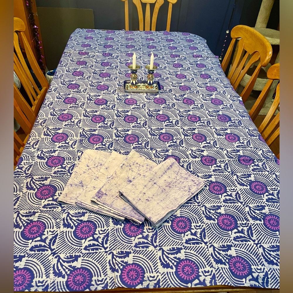 Rare Handmade Batik Tapestry Table Linens Lg Tablecloth 54"x86" Napkins 22"x22"